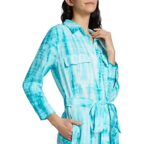 L'Agence Cameron in Aqua Bamboo Tie Dye Linen Belted Maxi Shirt Dress M